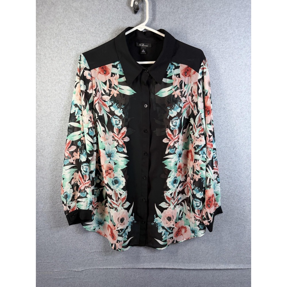 AGB Blouse Womens 2X Black Floral Sheer Chiffon Button Up Tunic Top Long Sleeve